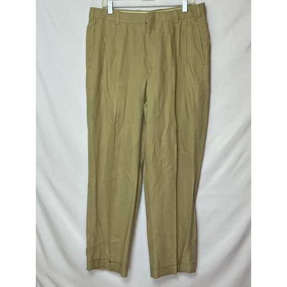 Brooks Brothers Men's 36x31 Tan 100% Linen Pleated Front Cuffed Hem Pants Summer - Picture 1 of 8
